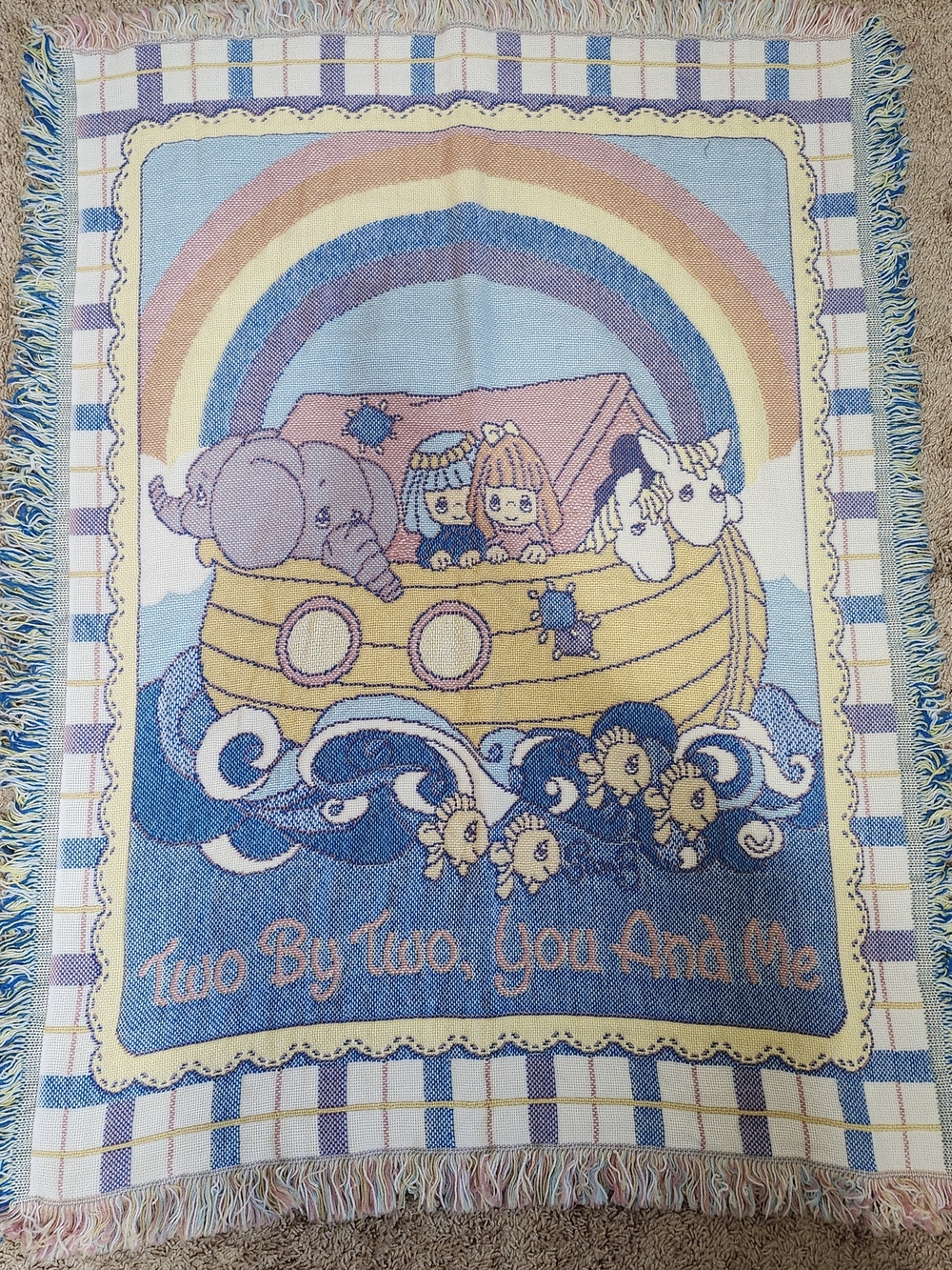 Vintage Precious Moments Noah's Ark Baby Blanket Woven Jacquard Crib Nursery